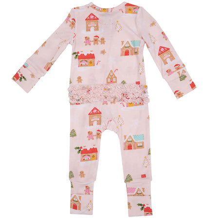 Gingerbread Village Ruffle Back Zipper Footie - Pink