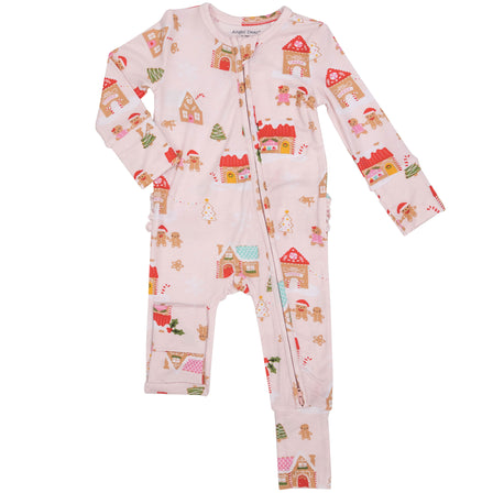 Gingerbread Village Ruffle Back Zipper Footie - Pink
