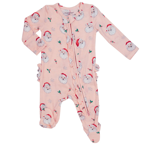 Vintage Santa Ruffle Back Zipper Footie - Pink