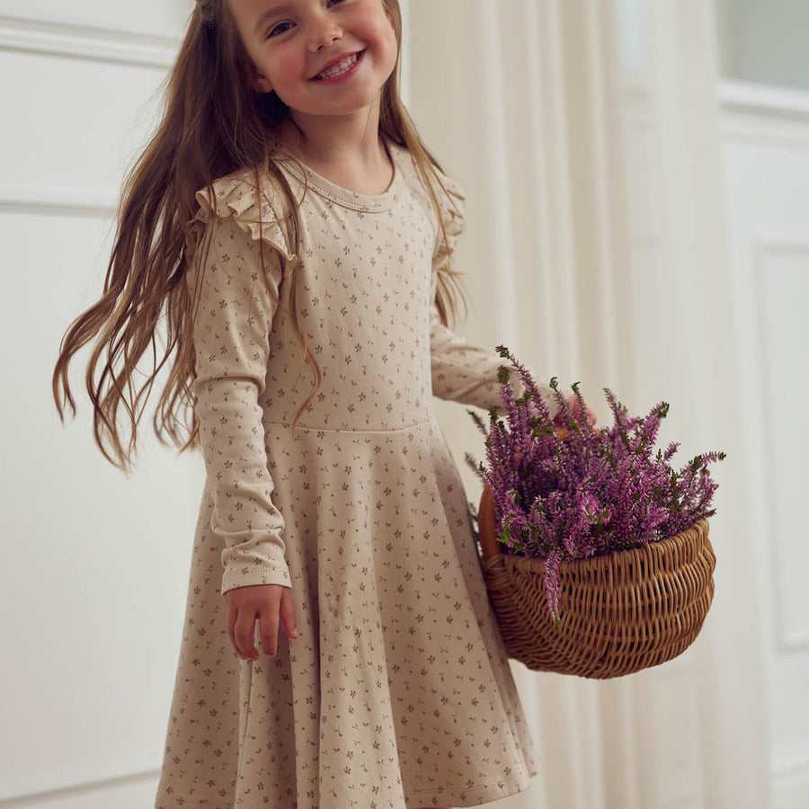 Rib Floral Print Long Sleeve Swing Dress - Aster