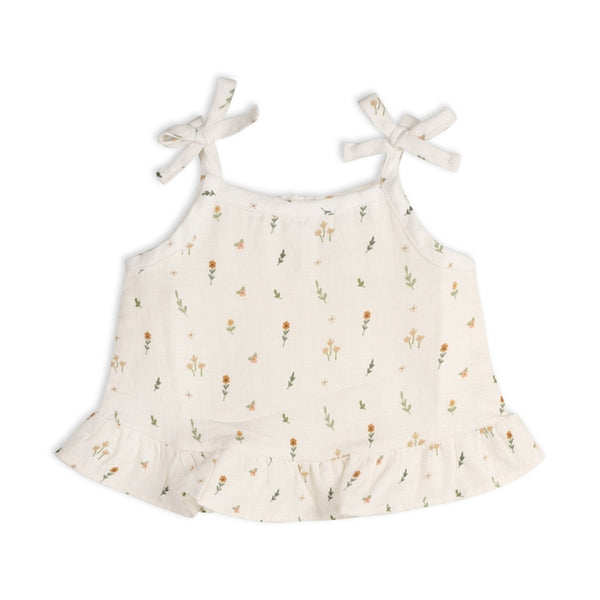 Boho Floral Shoulder Tie Baby Top & Bottom Set - Natural