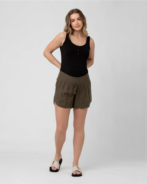 Bryon Shirred Linen Short - Olive