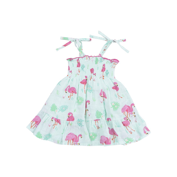 Tie Strap Smocked Sundress and Diaper Cover - Flamingos