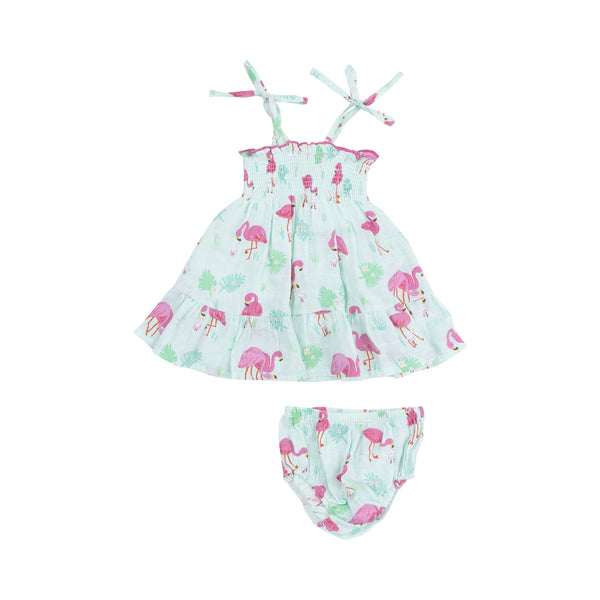 Tie Strap Smocked Sundress and Diaper Cover - Flamingos