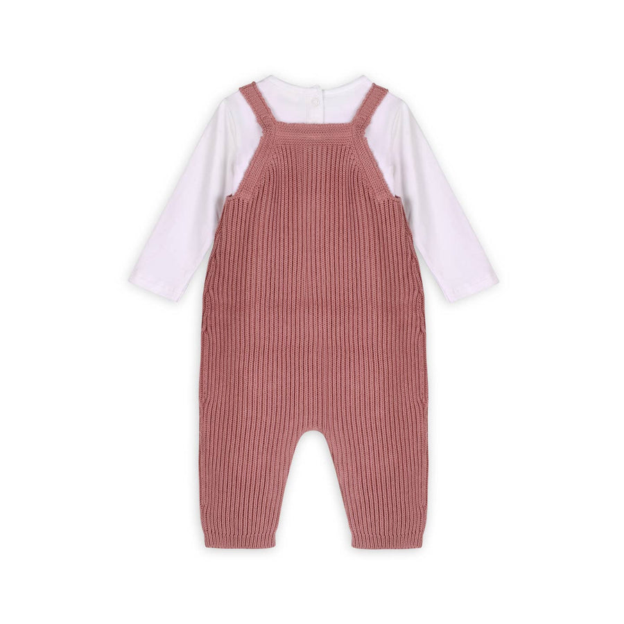 Sweet Bow Embroidered Knit Baby Overall & Bodysuit Set - Vintage Rose