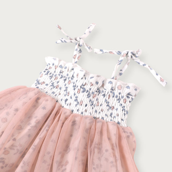 Emma Smocked Baby Tutu Dress + Bloomer - Blue & Pink Floral