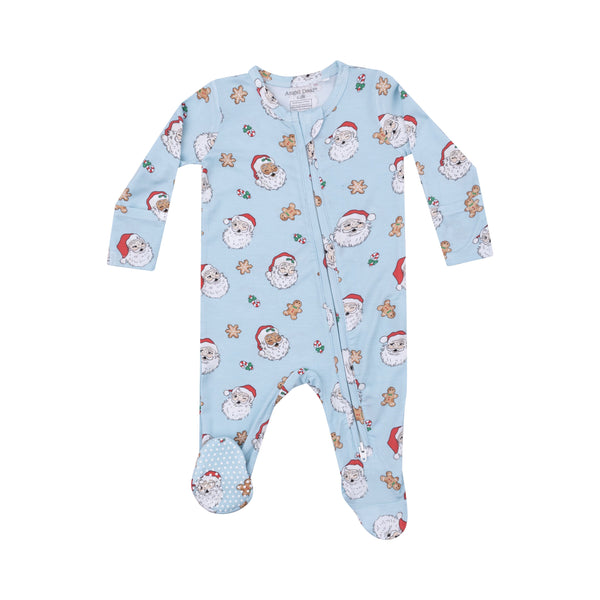 Bamboo Zipper Footie - Blue Vintage Santas with Gingerbread