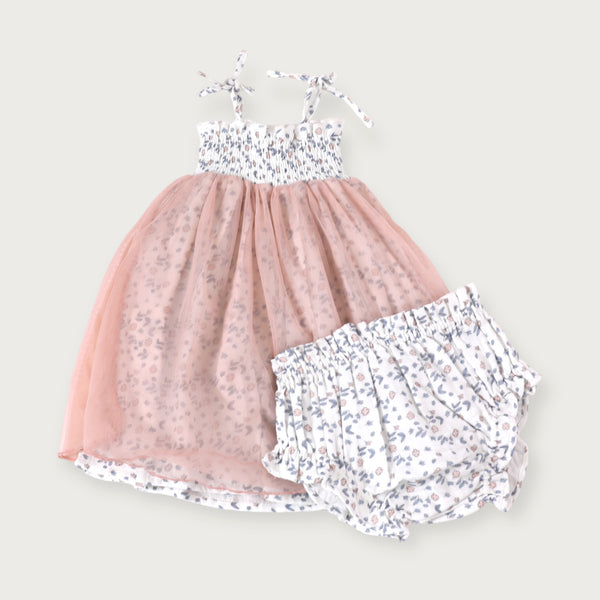 Emma Smocked Baby Tutu Dress + Bloomer - Blue & Pink Floral