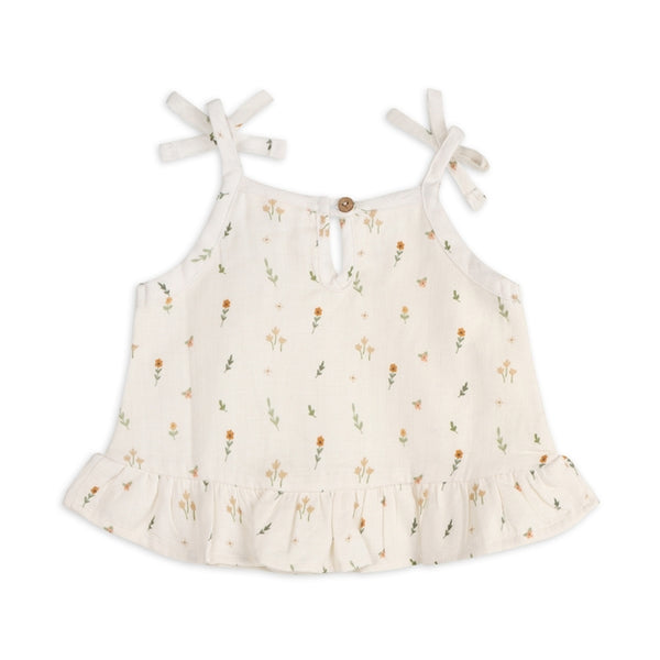 Boho Floral Shoulder Tie Baby Top & Bottom Set - Natural