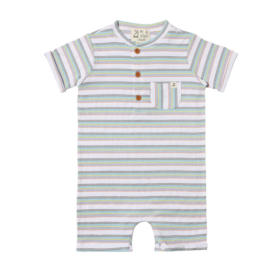 Camborne Henley Romper - Blue/Grey/Yellow Multi Stripe Rib