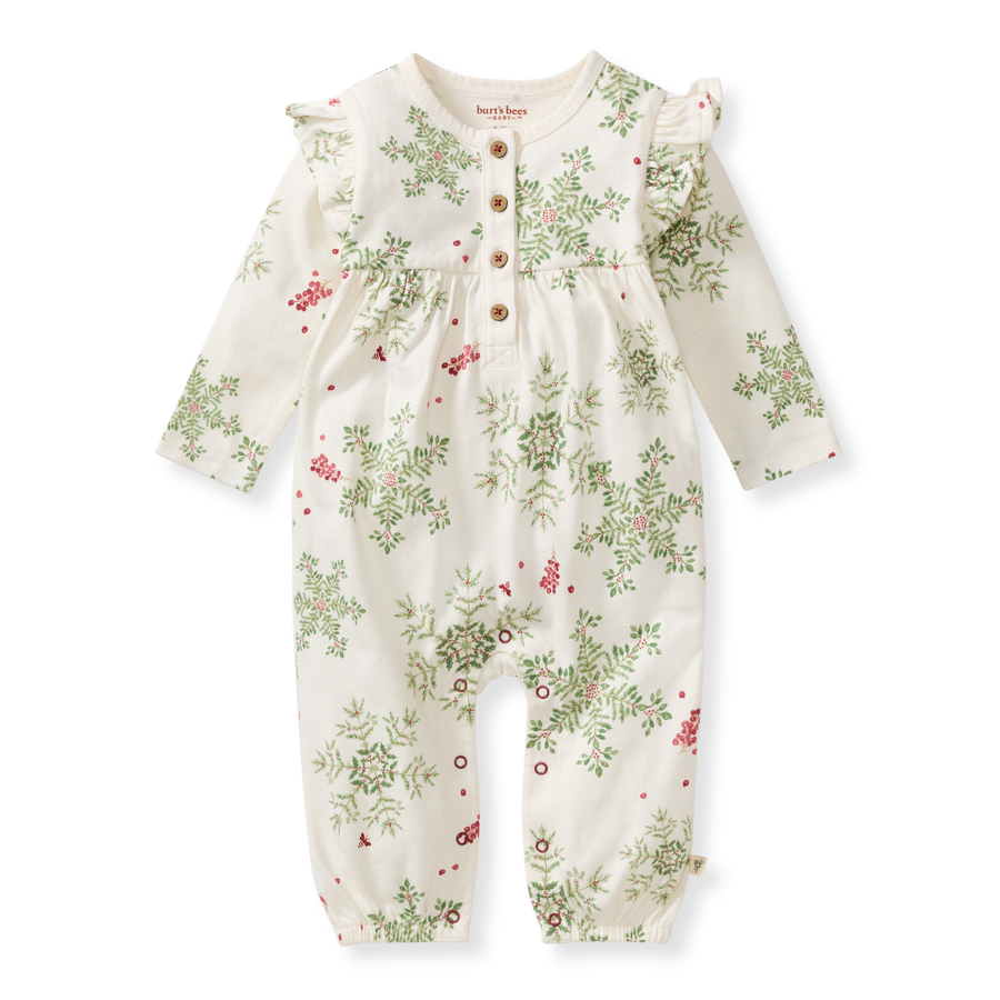 Holiday Snowflakes Baby Girl Jumpsuit - Eggshell