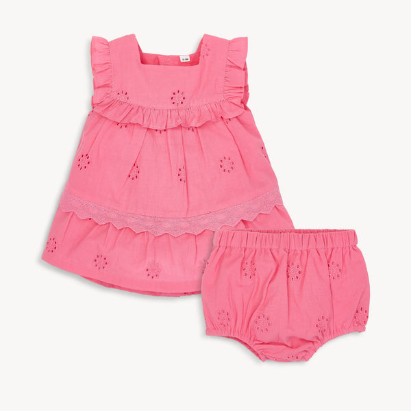 Cotton Poplin Magnetic Ruffle Sleeve Dress + Diaper Cover Set - Bubble Gum