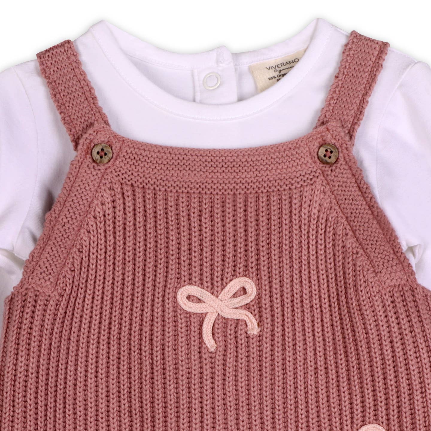 Sweet Bow Embroidered Knit Baby Overall & Bodysuit Set - Vintage Rose
