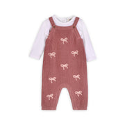 Sweet Bow Embroidered Knit Baby Overall & Bodysuit Set - Vintage Rose
