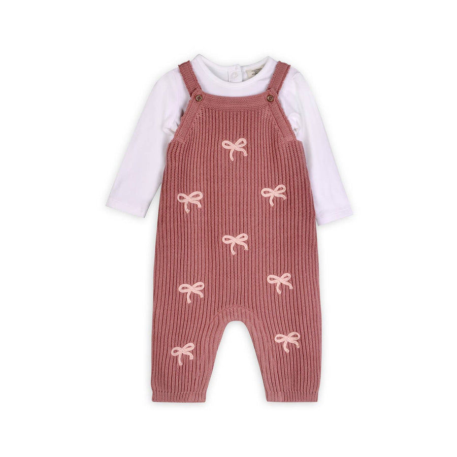 Sweet Bow Embroidered Knit Baby Overall & Bodysuit Set - Vintage Rose