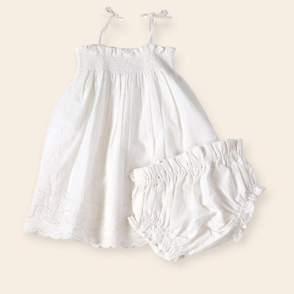 Camille Schiffli Smocked Baby Dress + Bloomer - Off White