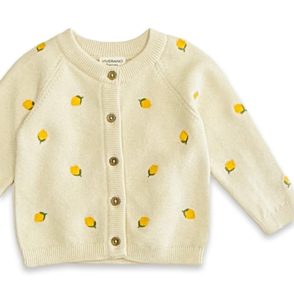 Organic Sweet Cream Lemon Embroidered Knit Baby Cardigan