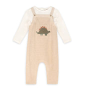 Dinosaur Applique Knit Baby Overall & Bodysuit Set - Oatmeal Heather