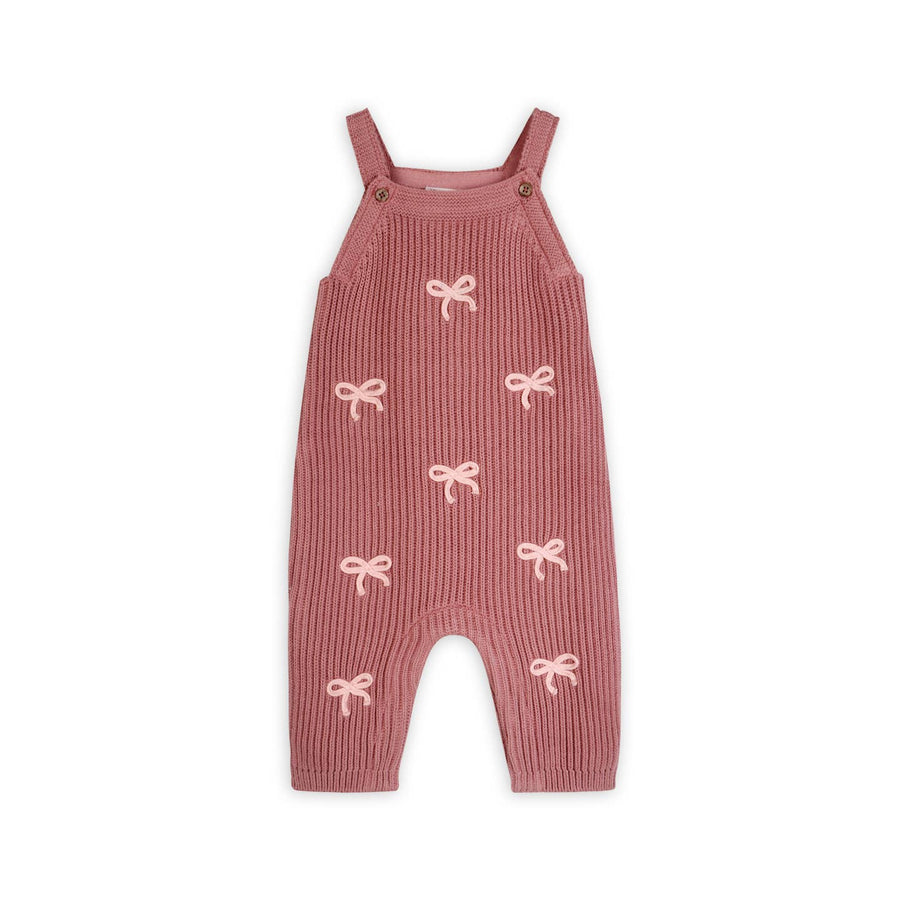 Sweet Bow Embroidered Knit Baby Overall & Bodysuit Set - Vintage Rose