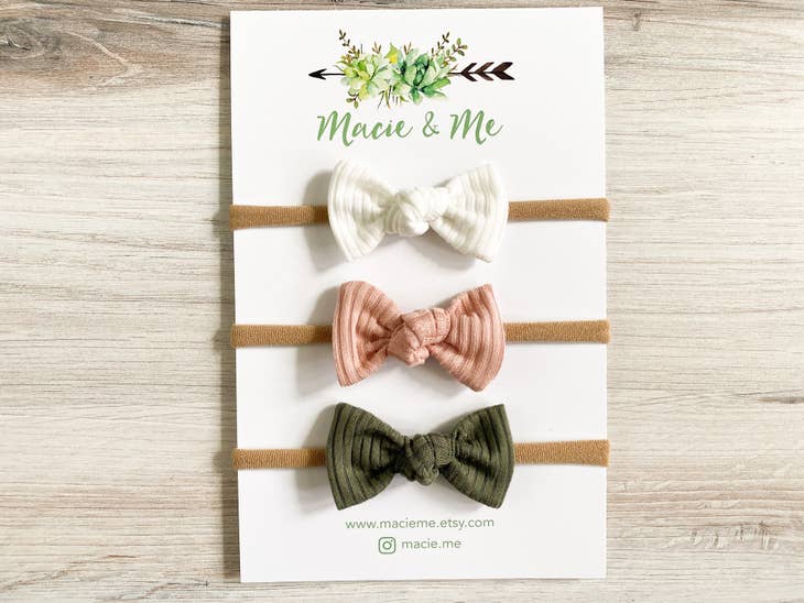 Set of 3 Tied Bows on Nylon Headbands - White, Pink, and Olive Green Ribbed