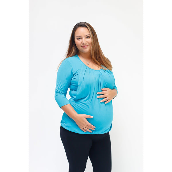 Pleated Nursing Top - 3/4 Sleeve - Teal