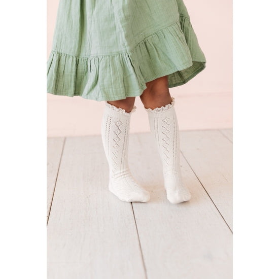 Fancy Lace Top Knee High Socks - White