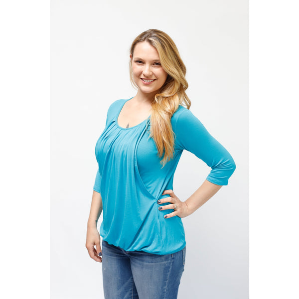 Pleated Nursing Top - 3/4 Sleeve - Teal