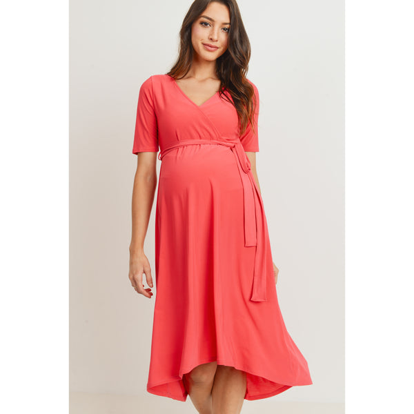 Solid High-Low Maternity/Nursing Dress - Coral