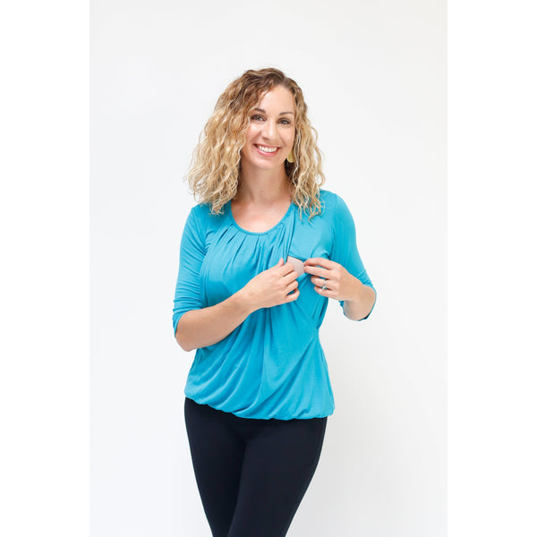 Pleated Nursing Top - 3/4 Sleeve - Teal