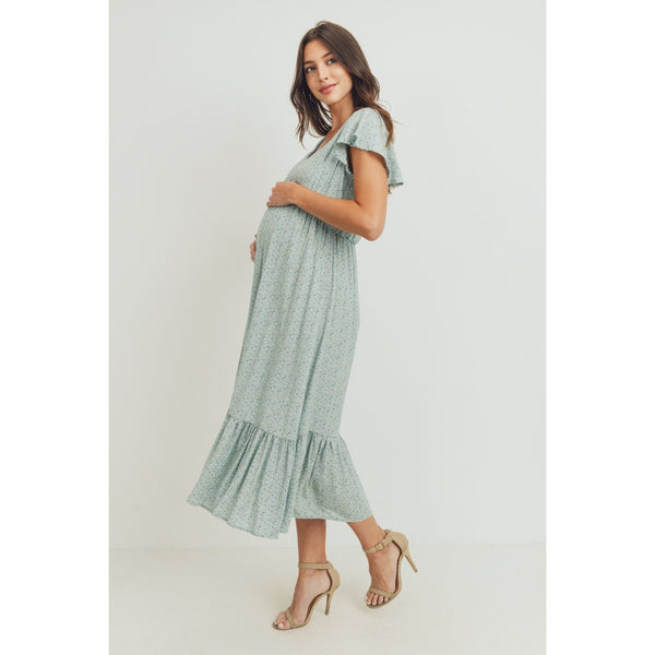 Flutter Sleeve V-Neck Maternity Ruffle Midi Dress