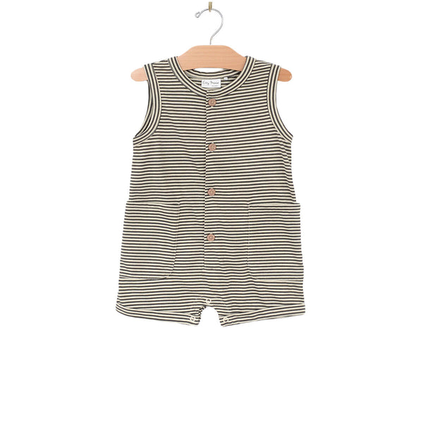 Henley Tank Short Romper - Charcoal Stripe