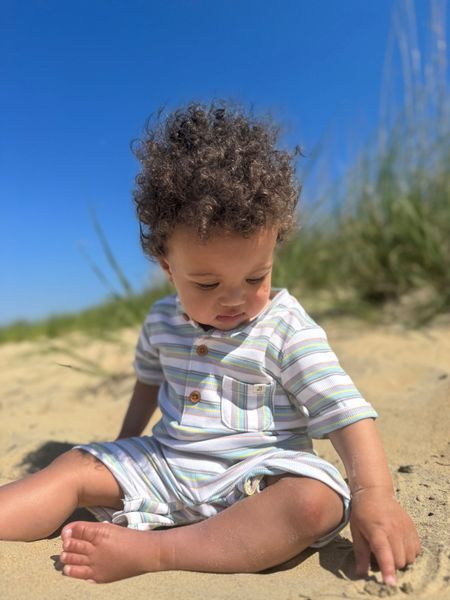 Camborne Henley Romper - Blue/Grey/Yellow Multi Stripe Rib