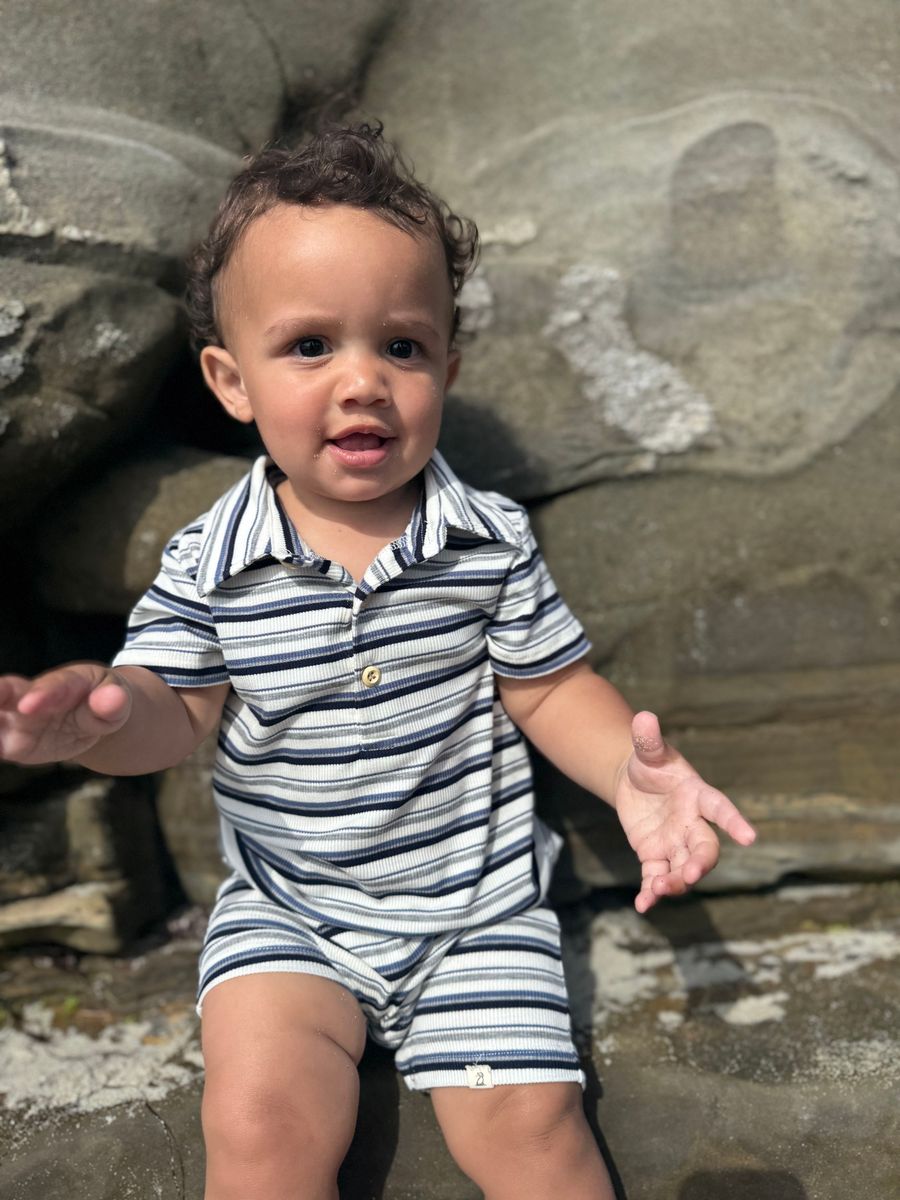 Drift Polo Romper - Grey Multi Stripe