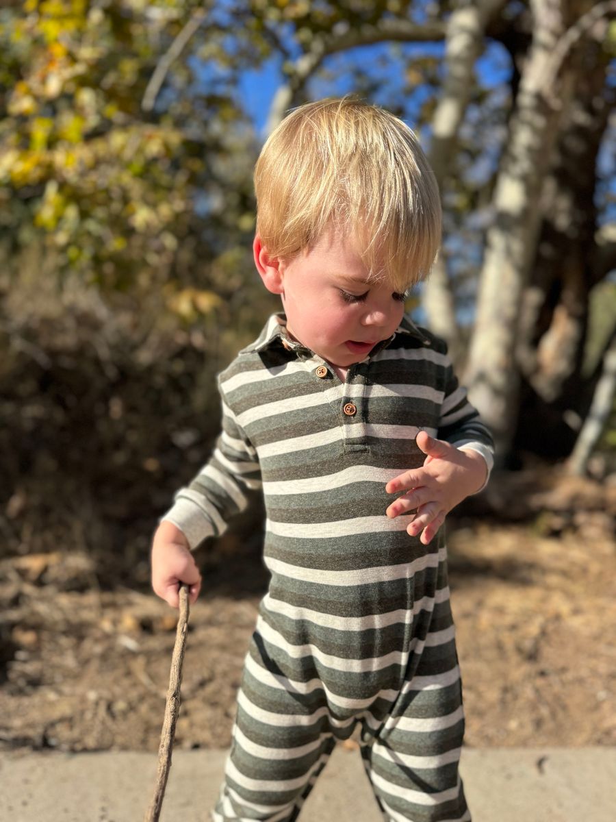 Kingston Polo Romper - Gray/Cream Stripe