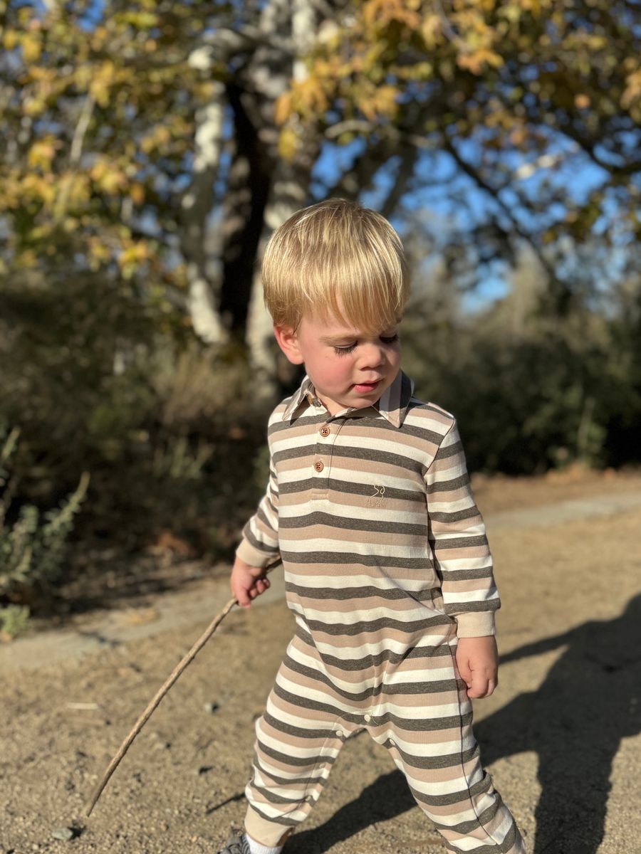 Kingston Polo Romper - Beige/Grey Stripe
