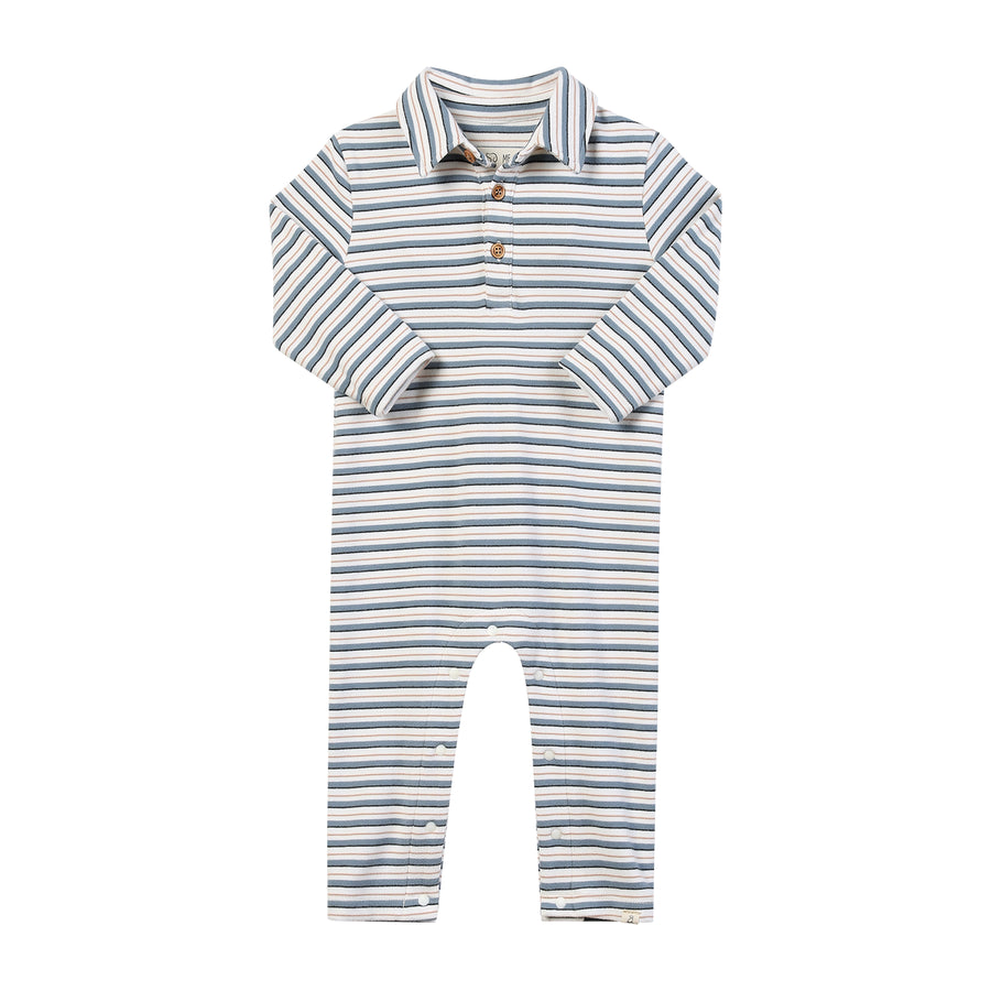 Snuggle Cozy Polo Romper - China Blue/White Stripe