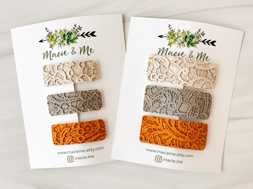 Set of 3 Snap Clips - Ivory, Grey, Mustard Lace