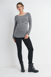 Striped Double Layer Long Sleeve Maternity Nursing Knit Top - Charcoal/White