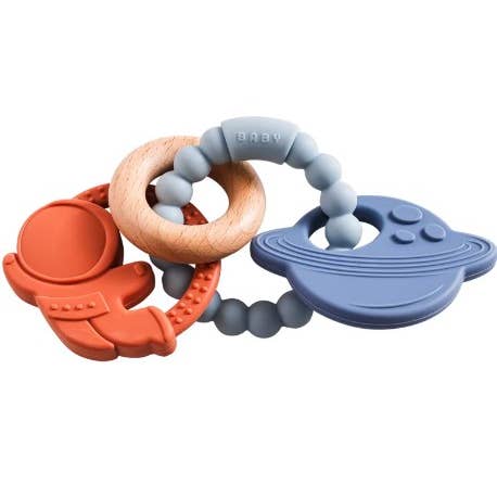 Elias Rattle & Silicone Beechwood Teether - Slate