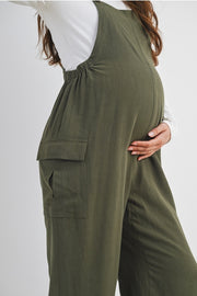 Straight Leg Maternity Adjustable Overalls - Olive