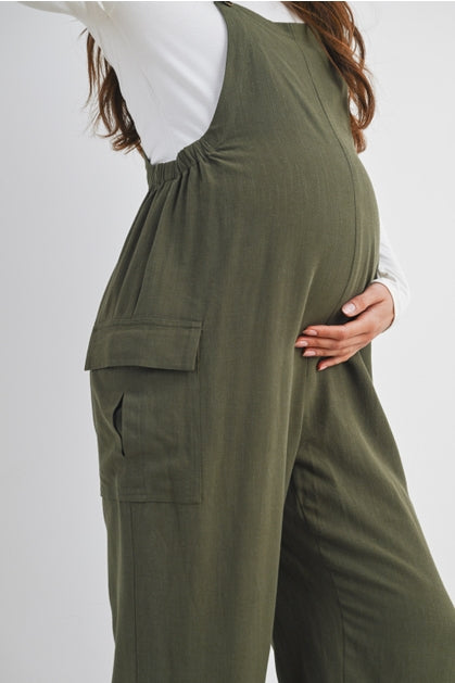 Straight Leg Maternity Adjustable Overalls - Olive