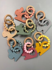 Silicone and Beechwood Bunny Rattle Teether - Various Colors