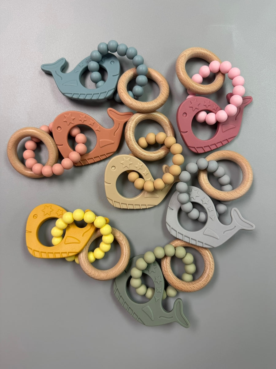 Silicone and Beechwood Whale Rattle Teether - Various Colors