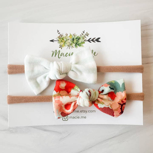 Mint Stripe and Orange Floral Tied Bows Set of 2
