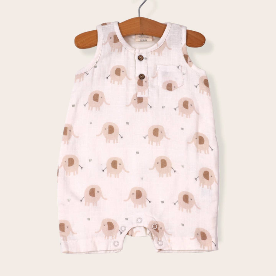 Short Henley Romper - Natural Elephants