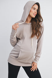 Long Sleeve Maternity Nursing Front Zipper Hoodie - Taupe