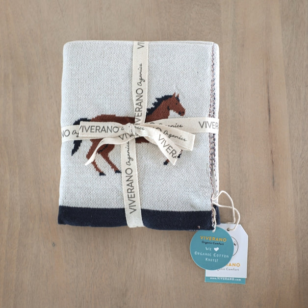 Organic Jacquard Sweater Knit Baby Blanket - Horse