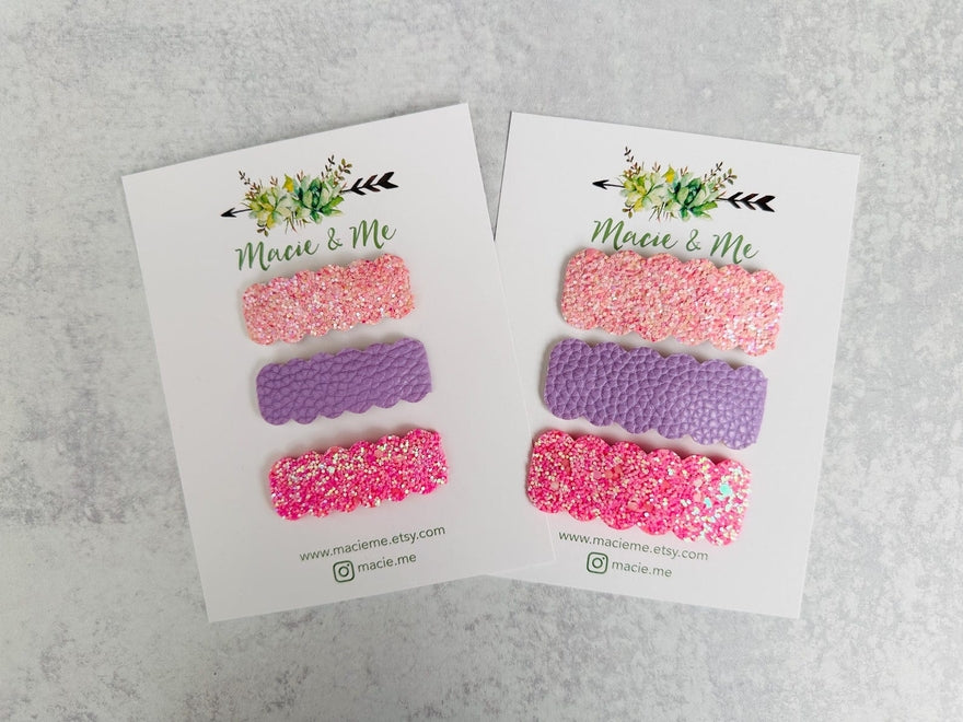 Set of 3 Snap Clips - Pink and Purple Glitter