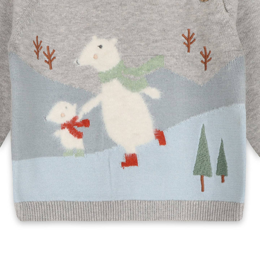 Skating Polar Bear Jacquard Knit Organic Cotton Pullover - Heather Grey