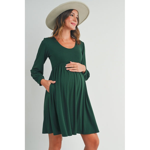 Scoop Neck Puff Sleeve Maternity Dress with Pockets - Green